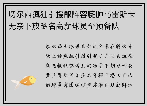 切尔西疯狂引援酿阵容臃肿马雷斯卡无奈下放多名高薪球员至预备队